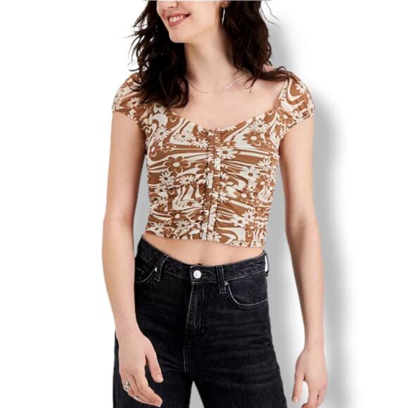 Almost Famous Floral Print Ruched Crop Top Size L - Picture 7 of 7